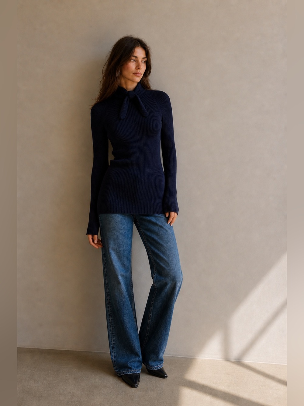 Balenciaga Women’s Navy Blue Ribbed Knit Sweater – Tie Neck Long Sleeve,